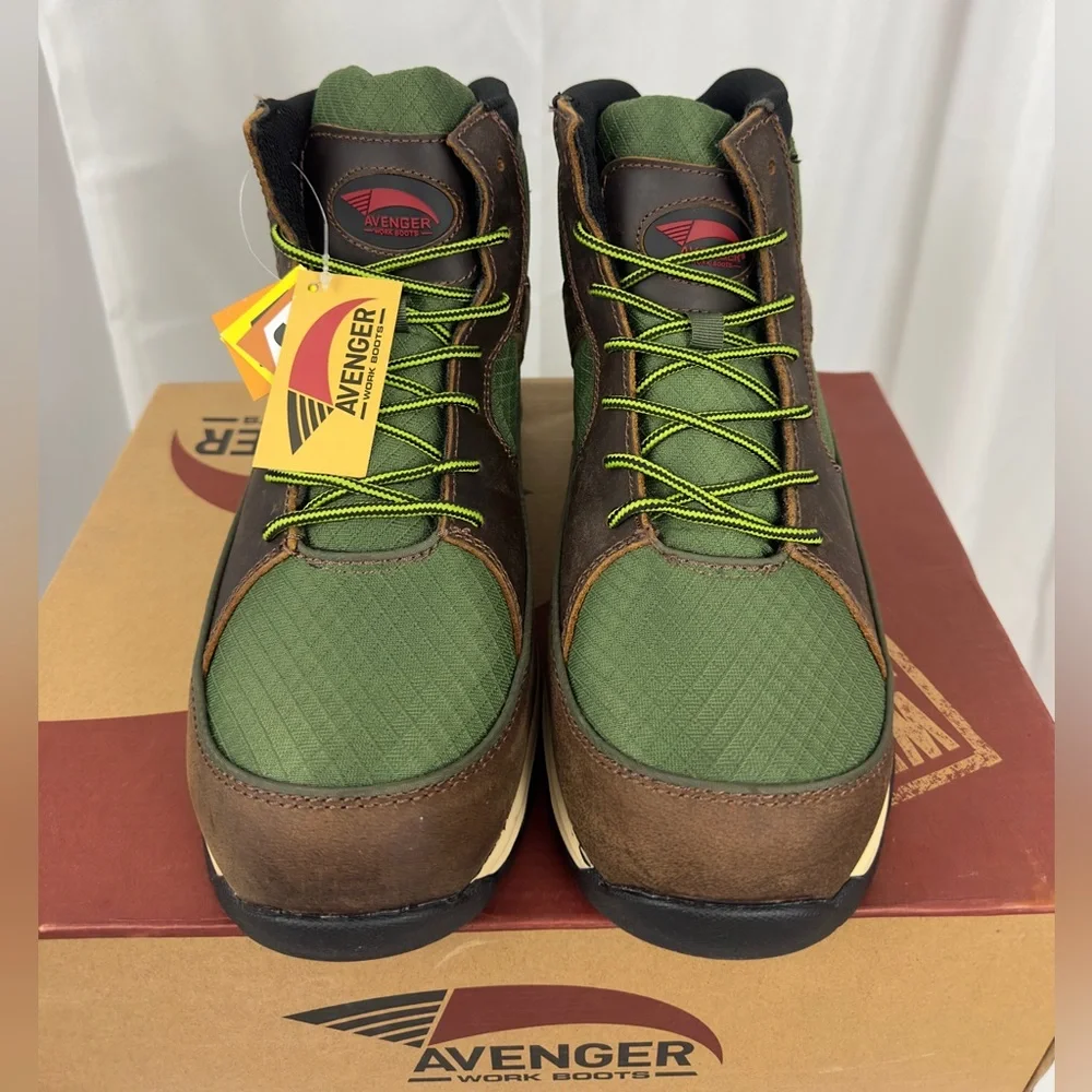 Avenger Work Boot - Edge Mid Brown/Green Metal Free Carbon Safety Toe US 10 1/2M